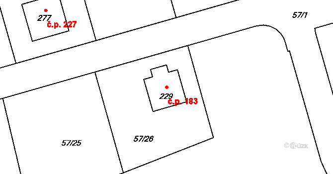 Kozinec 183, Holubice na parcele st. 229 v KÚ Kozinec, Katastrální mapa