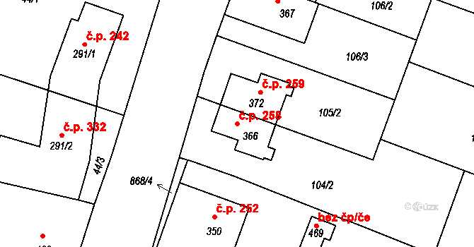Klenovice na Hané 258 na parcele st. 366 v KÚ Klenovice na Hané, Katastrální mapa