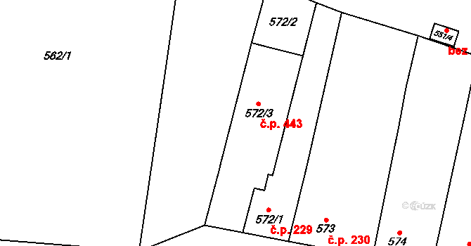 Hevlín 443 na parcele st. 572/3 v KÚ Hevlín, Katastrální mapa
