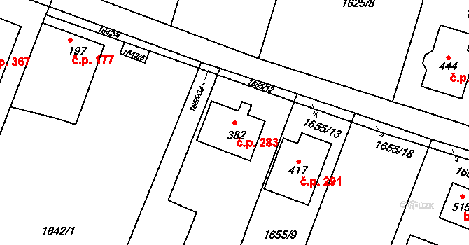 Hluboké Mašůvky 283 na parcele st. 382 v KÚ Hluboké Mašůvky, Katastrální mapa