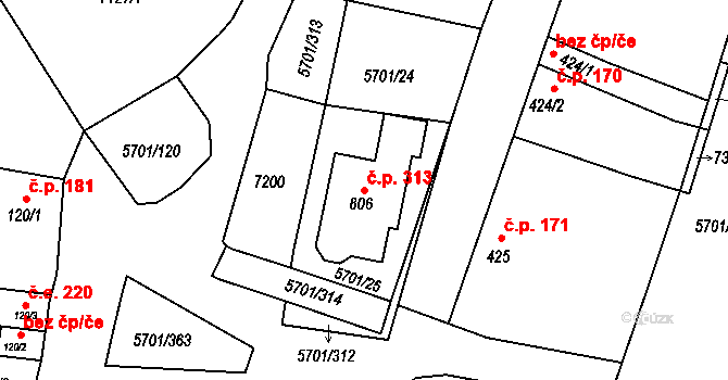 Hrádek 313 na parcele st. 806 v KÚ Hrádek u Znojma, Katastrální mapa