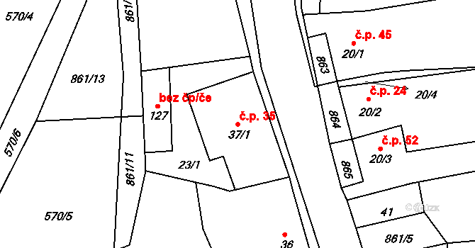 Lazníčky 35 na parcele st. 37/1 v KÚ Lazníčky, Katastrální mapa