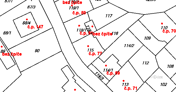 Všeborovice 77, Dalovice na parcele st. 115 v KÚ Všeborovice, Katastrální mapa
