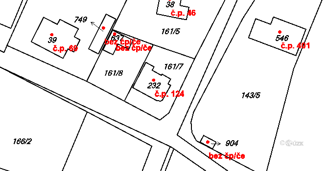 Březová 124, Březová-Oleško na parcele st. 232 v KÚ Březová u Zvole, Katastrální mapa