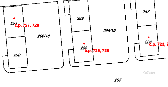 Doksy 725,726 na parcele st. 288 v KÚ Doksy u Máchova jezera, Katastrální mapa