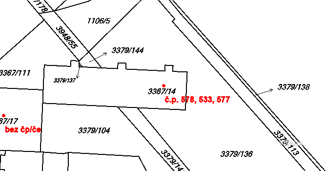 Dědice 533,577,578, Vyškov na parcele st. 3367/14 v KÚ Vyškov, Katastrální mapa