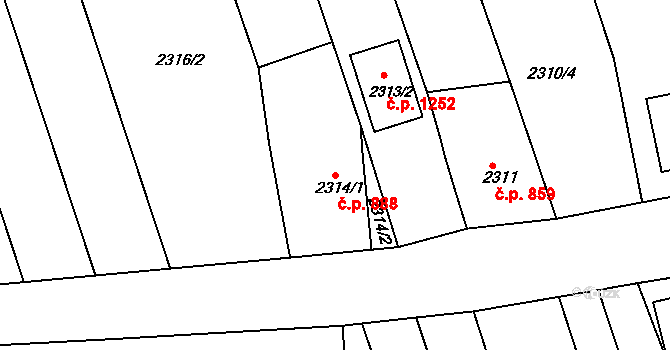 Slavíkovice 888, Rousínov na parcele st. 2314/1 v KÚ Rousínov u Vyškova, Katastrální mapa