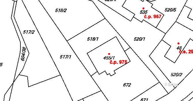 Všedobrovice 975, Kamenice na parcele st. 455/1 v KÚ Štiřín, Katastrální mapa