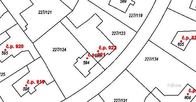 Švermov 922, Kladno na parcele st. 593 v KÚ Hnidousy, Katastrální mapa