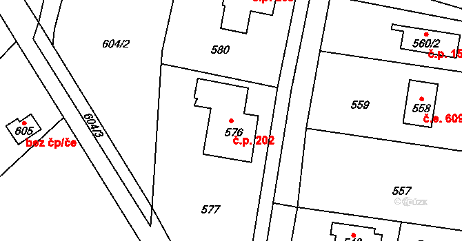 Hlásná Třebaň 202 na parcele st. 576 v KÚ Hlásná Třebaň, Katastrální mapa