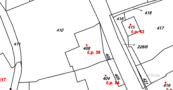 Chaloupky 39 na parcele st. 408 v KÚ Chaloupky, Katastrální mapa