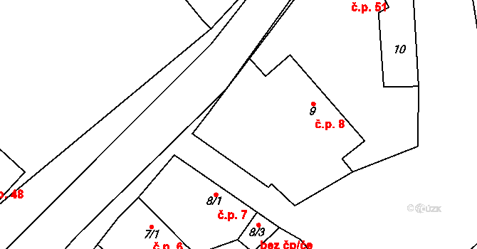 Horní Stakory 8, Kosmonosy na parcele st. 9 v KÚ Horní Stakory, Katastrální mapa