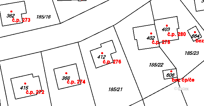 Kladruby 276 na parcele st. 412 v KÚ Kladruby u Stříbra, Katastrální mapa