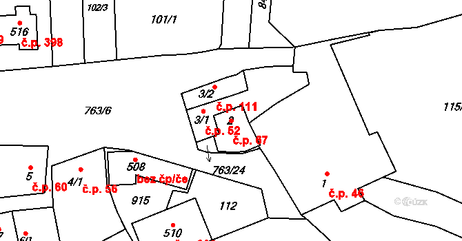 Slatinice 67 na parcele st. 2/1 v KÚ Slatinice na Hané, Katastrální mapa