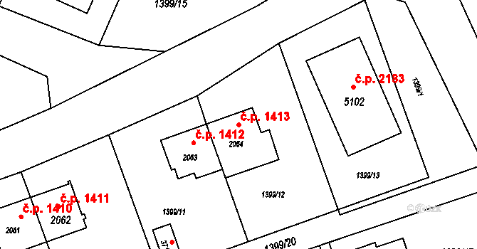 Rožnov pod Radhoštěm 1413 na parcele st. 2064 v KÚ Rožnov pod Radhoštěm, Katastrální mapa