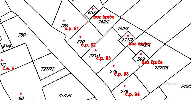 Vysoká Pec 83 na parcele st. 271/1 v KÚ Vysoká Pec, Katastrální mapa