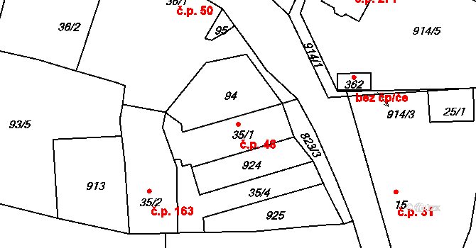 Unčín 48, Krupka na parcele st. 35/1 v KÚ Unčín u Krupky, Katastrální mapa