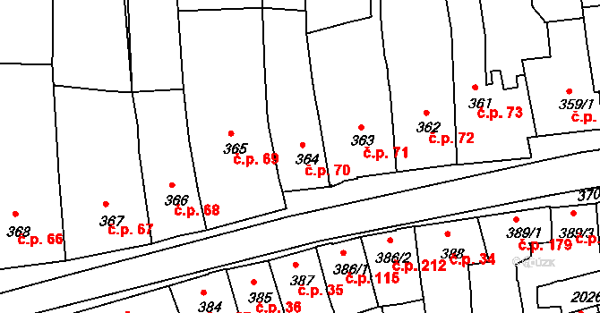 Stařečka 70, Třebíč na parcele st. 364 v KÚ Třebíč, Katastrální mapa