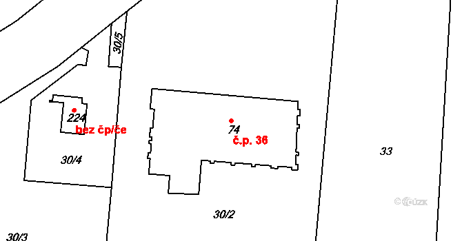 Řípov 36, Třebíč na parcele st. 74 v KÚ Řípov, Katastrální mapa
