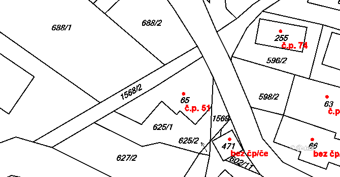 Mukařov 51, Malá Skála na parcele st. 65 v KÚ Mukařov u Jablonce nad Nisou, Katastrální mapa