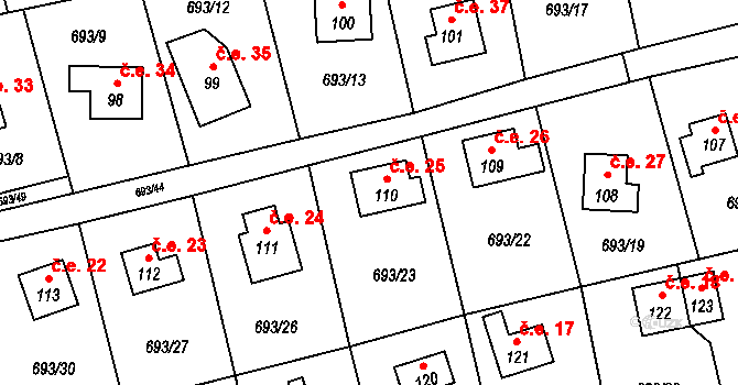 Třeskonice 25, Tuchořice na parcele st. 110 v KÚ Třeskonice, Katastrální mapa