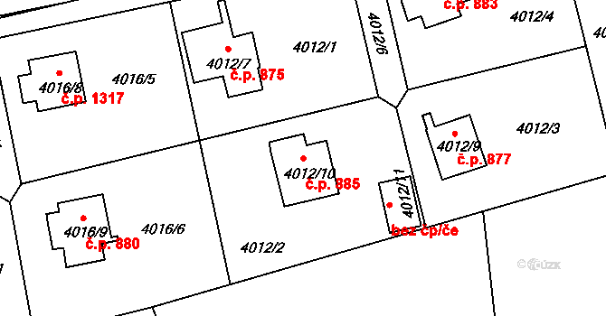 Frýdlant 885, Frýdlant nad Ostravicí na parcele st. 4012/10 v KÚ Frýdlant nad Ostravicí, Katastrální mapa
