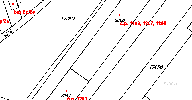 Cheb 1199,1267,1268 na parcele st. 2650 v KÚ Cheb, Katastrální mapa