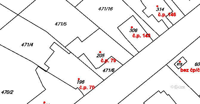 Čachovice 79 na parcele st. 205 v KÚ Čachovice, Katastrální mapa