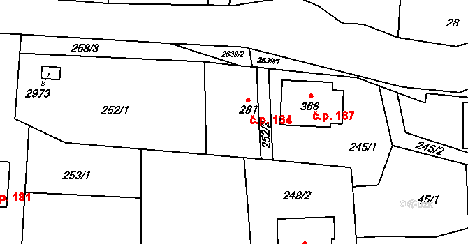 Střelná 134 na parcele st. 281 v KÚ Střelná na Moravě, Katastrální mapa