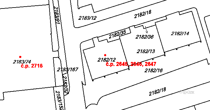 Žižkov 2645,2646,2647, Praha na parcele st. 2182/12 v KÚ Žižkov, Katastrální mapa