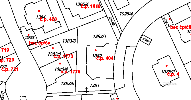 Braník 404, Praha na parcele st. 1382 v KÚ Braník, Katastrální mapa