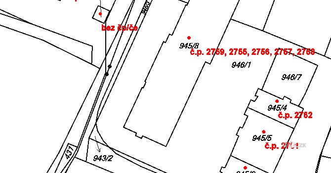 Smíchov 2756, Praha na parcele st. 945/8 v KÚ Smíchov, Katastrální mapa