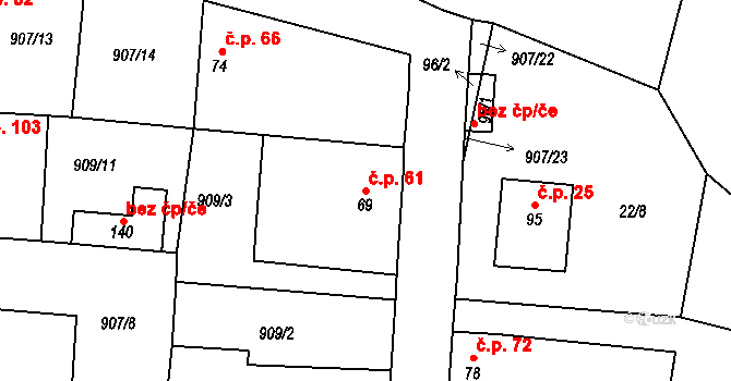 Měňany 61 na parcele st. 69 v KÚ Měňany, Katastrální mapa