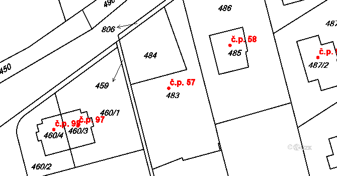 Chlum 57, Nalžovice na parcele st. 483 v KÚ Nalžovice, Katastrální mapa