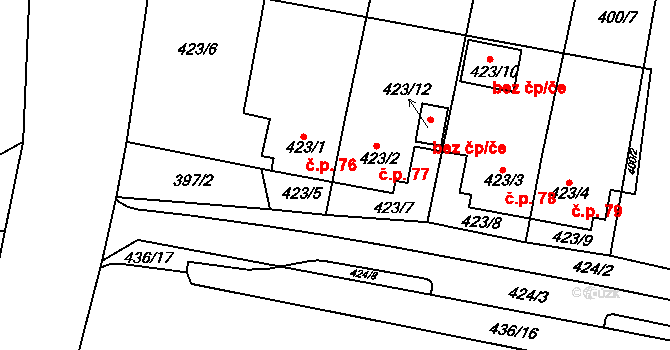 Ledce 77 na parcele st. 423/2 v KÚ Ledce u Židlochovic, Katastrální mapa