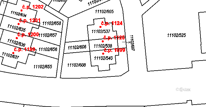 Severní Předměstí 1099, Plzeň na parcele st. 11102/540 v KÚ Plzeň, Katastrální mapa