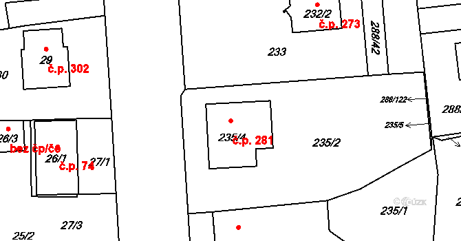 Červený Kříž 281, Jihlava na parcele st. 235/4 v KÚ Antonínův Důl, Katastrální mapa