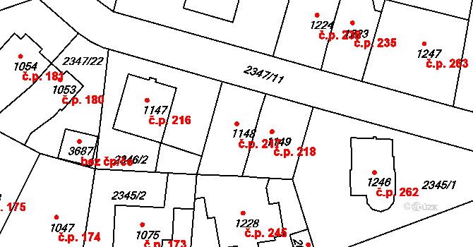 Týnské Předměstí 217, Domažlice na parcele st. 1148 v KÚ Domažlice, Katastrální mapa