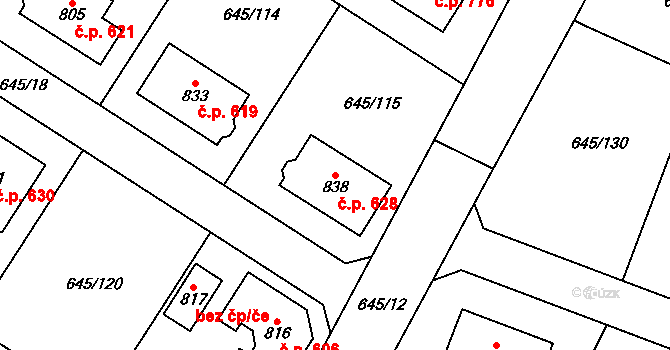 Líbeznice 628 na parcele st. 838 v KÚ Líbeznice, Katastrální mapa