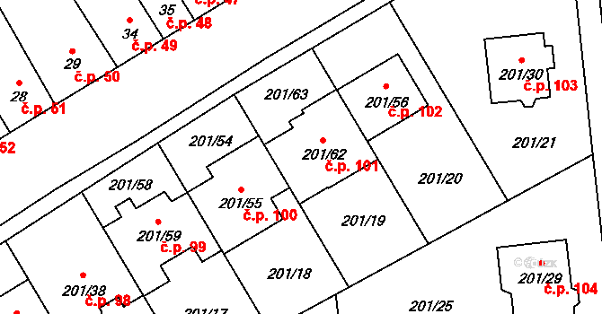 Popovice 101 na parcele st. 201/62 v KÚ Popovice u Rajhradu, Katastrální mapa