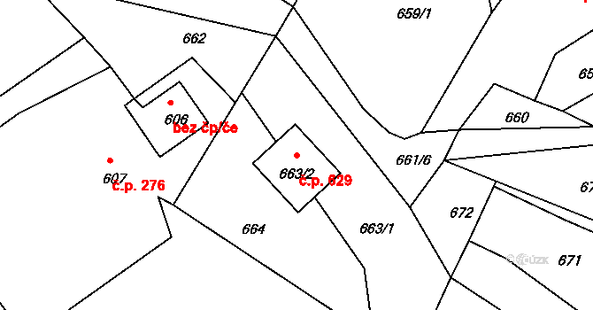 Štípa 629, Zlín na parcele st. 663/2 v KÚ Štípa, Katastrální mapa