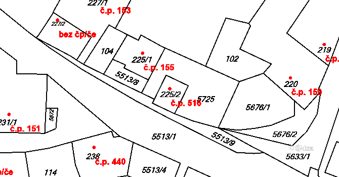 Vroutek 516 na parcele st. 225/2 v KÚ Vroutek, Katastrální mapa