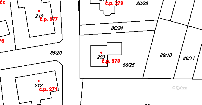 Dolní Bory 278, Bory na parcele st. 203 v KÚ Dolní Bory, Katastrální mapa