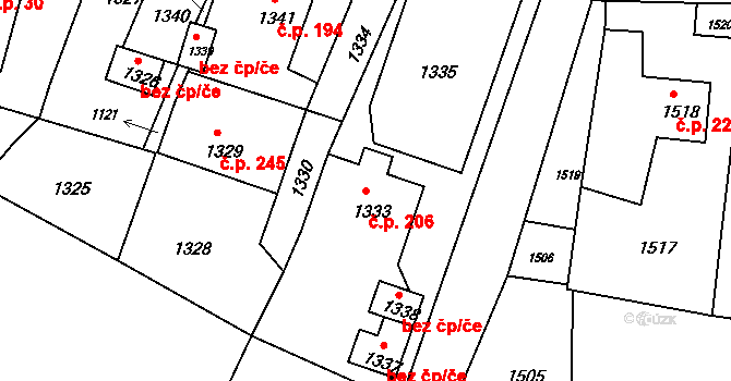 Břidličná 206 na parcele st. 1333 v KÚ Břidličná, Katastrální mapa