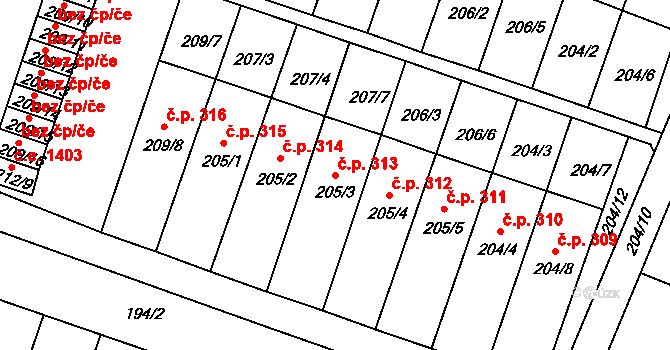 Pokratice 313, Litoměřice na parcele st. 205/3 v KÚ Pokratice, Katastrální mapa