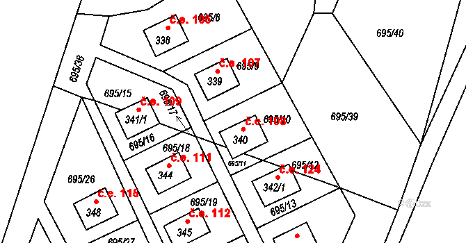 Dobronice u Bechyně 108 na parcele st. 340 v KÚ Dobronice u Bechyně, Katastrální mapa