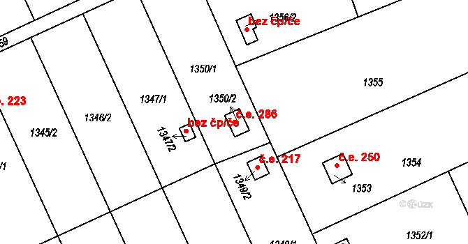 Ivanovice na Hané 286 na parcele st. 1350/2 v KÚ Ivanovice na Hané, Katastrální mapa