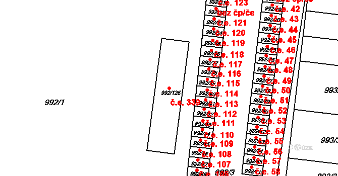 Modřice 339 na parcele st. 992/126 v KÚ Modřice, Katastrální mapa