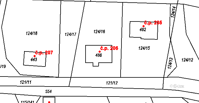 Tmaň 206 na parcele st. 486 v KÚ Tmaň, Katastrální mapa