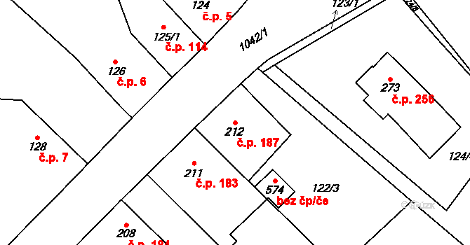 Zaječice 187 na parcele st. 212 v KÚ Zaječice u Chrudimi, Katastrální mapa